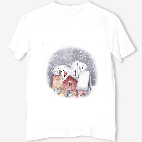 Футболка «Зимний пейзаж с уютными новогодними домиками. Рождественская суета. Snowy winter red house, cute village »