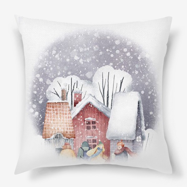 Подушка «Зимний пейзаж с уютными новогодними домиками. Рождественская суета. Snowy winter red house, cute village »