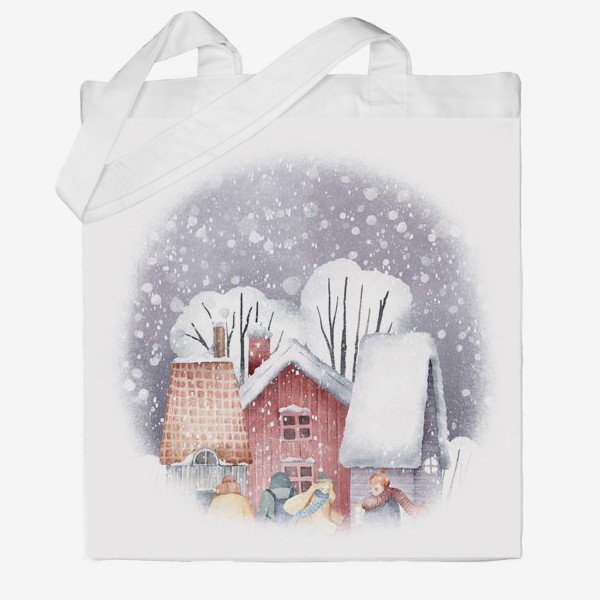 Сумка хб «Зимний пейзаж с уютными новогодними домиками. Рождественская суета. Snowy winter red house, cute village »