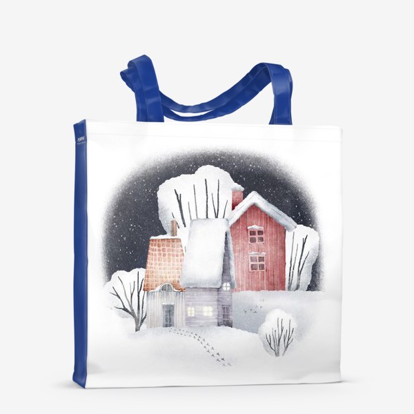 Сумка-шоппер «Зимний пейзаж с уютными новогодними домиками. Snowy winter forest landscape with red house, cute village »