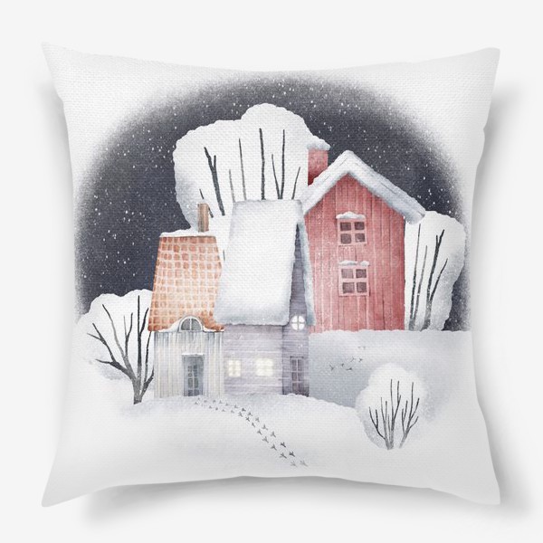 Подушка «Зимний пейзаж с уютными новогодними домиками. Snowy winter forest landscape with red house, cute village »
