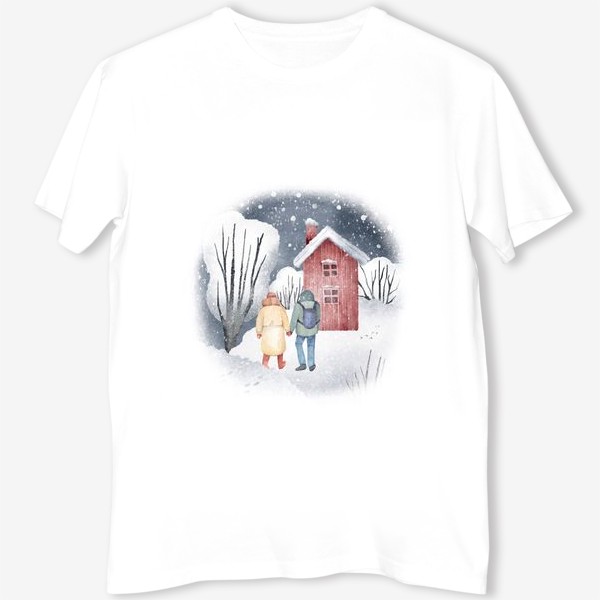 Футболка &laquo;Акварельная иллюстрация с зимним пейзажем, парой, красным домом. Снежный лес. Snowy walk in the winter forest &raquo;