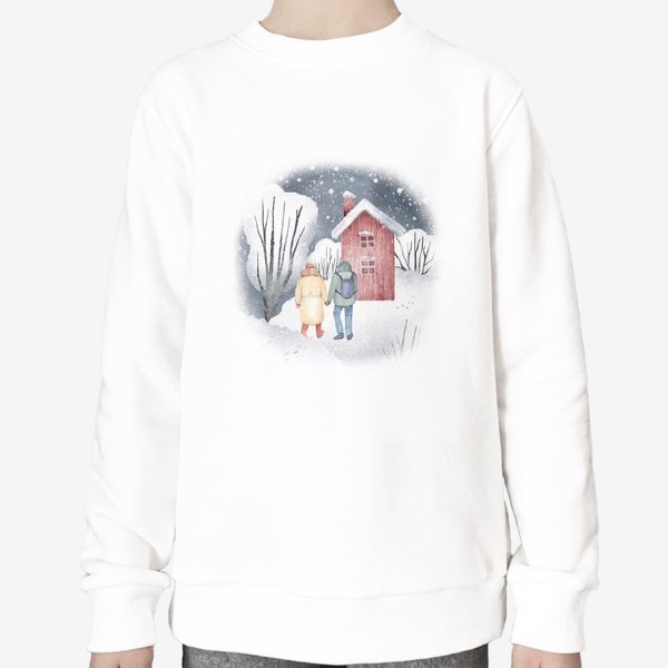 Свитшот &laquo;Акварельная иллюстрация с зимним пейзажем, парой, красным домом. Снежный лес. Snowy walk in the winter forest &raquo;