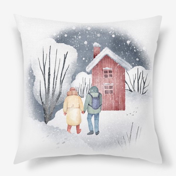 Подушка «Акварельная иллюстрация с зимним пейзажем, парой, красным домом. Снежный лес. Snowy walk in the winter forest »