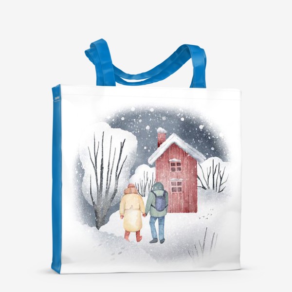 Сумка-шоппер &laquo;Акварельная иллюстрация с зимним пейзажем, парой, красным домом. Снежный лес. Snowy walk in the winter forest &raquo;