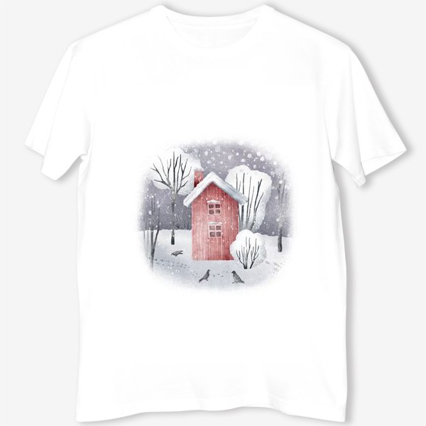 Футболка &laquo;Иллюстрация с зимним пейзажем, красным домом, лесом и деревьями. Snowy winter forest landscape with red house &raquo;