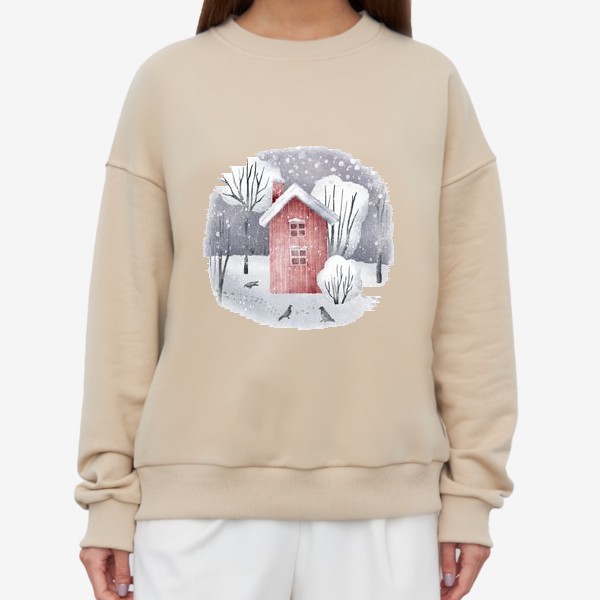 Свитшот &laquo;Иллюстрация с зимним пейзажем, красным домом, лесом и деревьями. Snowy winter forest landscape with red house &raquo;
