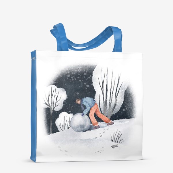 Сумка-шоппер &laquo;Акварельная иллюстрация с зимним пейзажем, человеком, катящим снежный шар. Человек лепит снеговика. Pushing a snowball&raquo;