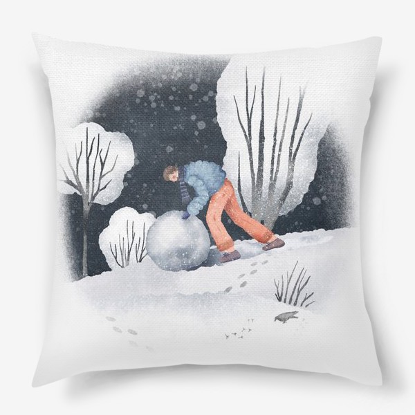 Подушка «Акварельная иллюстрация с зимним пейзажем, человеком, катящим снежный шар. Человек лепит снеговика. Pushing a snowball»