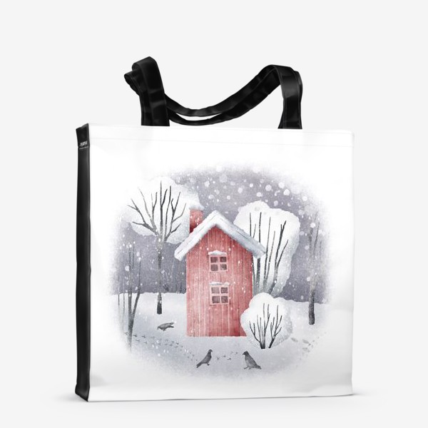 Сумка-шоппер &laquo;Иллюстрация с зимним пейзажем, красным домом, лесом и деревьями. Snowy winter forest landscape with red house &raquo;