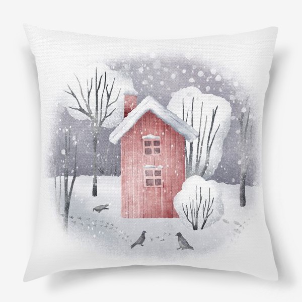 Подушка «Иллюстрация с зимним пейзажем, красным домом, лесом и деревьями. Snowy winter forest landscape with red house »