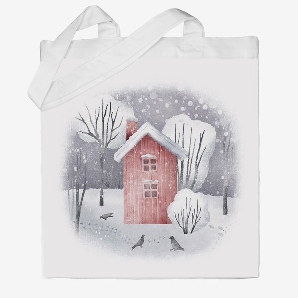 Сумка хб «Иллюстрация с зимним пейзажем, красным домом, лесом и деревьями. Snowy winter forest landscape with red house »