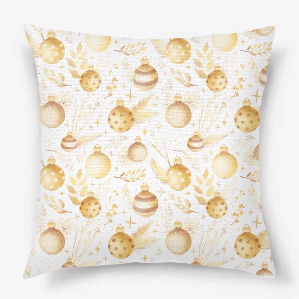 Подушка «Золотой декор с еловыми ветками и новогодними шарами. Shiny gold Christmas decoration elements»