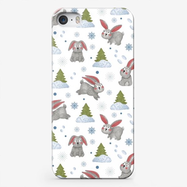 Чехол iPhone «Зайцы или кролики, снежинки и ёлки, снег, лес, милые животные»