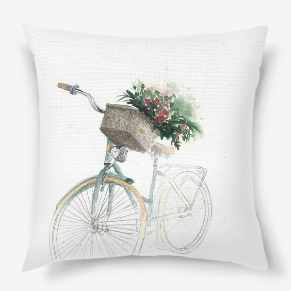 Подушка &laquo;Акварельный велосипед с корзинкой и цветами&raquo;