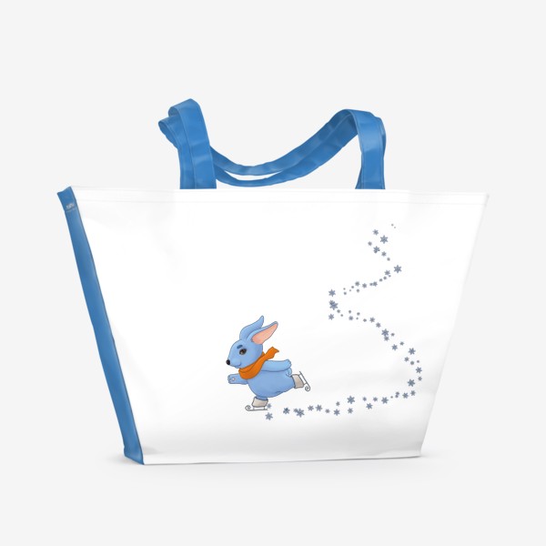 Пляжная сумка «Голубой кролик в оранжевом шарфе катается на коньках»