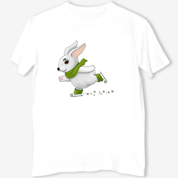 Футболка «Белый кролик в зелёном шарфе катается на коньках»