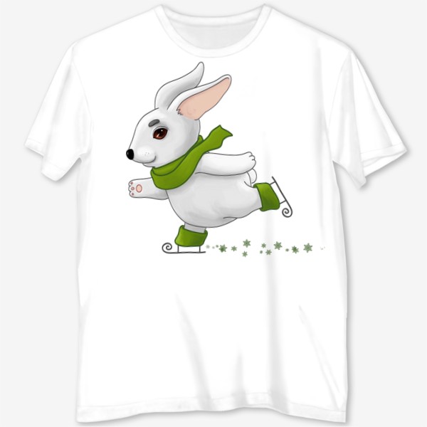 Футболка с полной запечаткой «Белый кролик в зелёном шарфе катается на коньках»