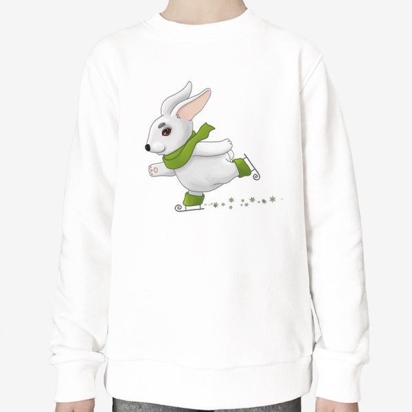 Свитшот «Белый кролик в зелёном шарфе катается на коньках»