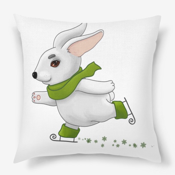 Подушка «Белый кролик в зелёном шарфе катается на коньках»