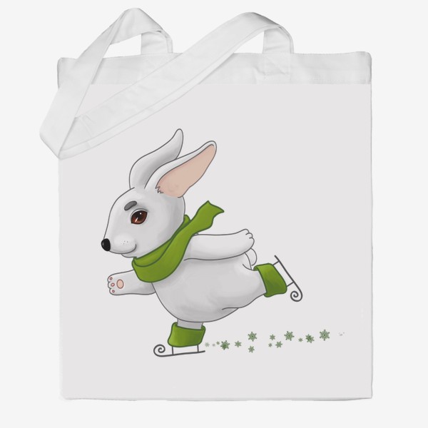 Сумка хб «Белый кролик в зелёном шарфе катается на коньках»