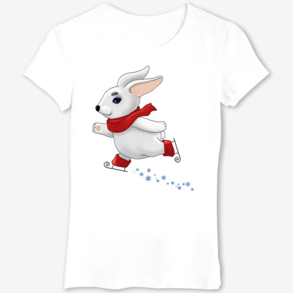 Футболка «Белый кролик в красном шарфе катается на коньках»