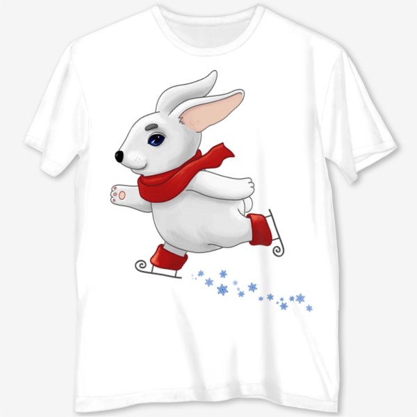 Футболка с полной запечаткой «Белый кролик в красном шарфе катается на коньках»