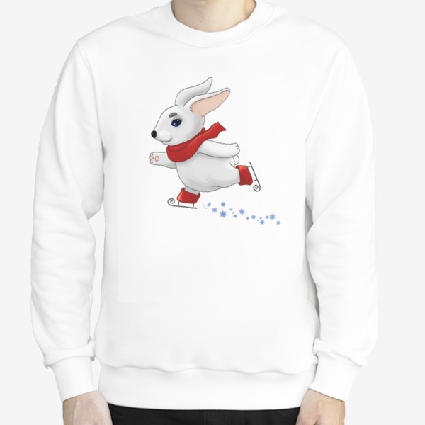 Свитшот «Белый кролик в красном шарфе катается на коньках»