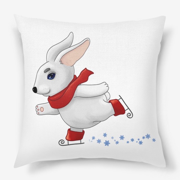 Подушка «Белый кролик в красном шарфе катается на коньках»