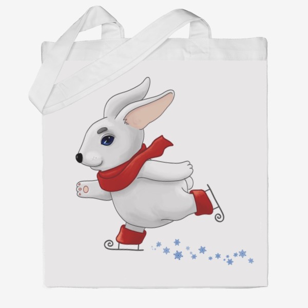 Сумка хб «Белый кролик в красном шарфе катается на коньках»
