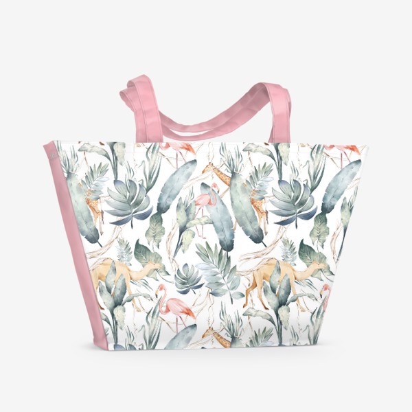 Пляжная сумка &laquo;Тропический фон с экзотическими листьями, лианами и животными Африки. Зеленые джунгли, жираф, фламинго и верблюд&raquo;