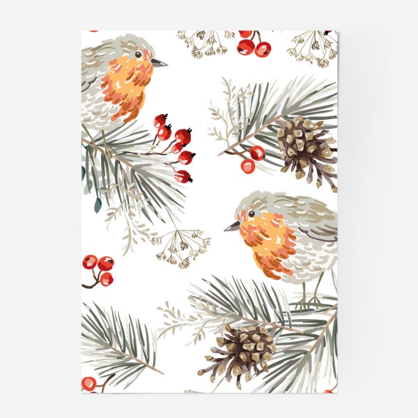Постер «Новогодний лес. Птички зарянки на сосновых ветках. Шишки, красные ягоды. Рождество»