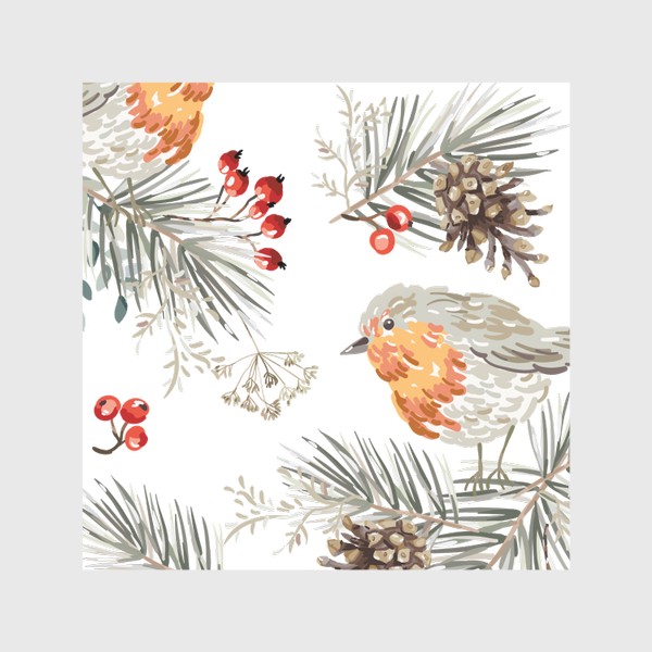 Скатерть «Новогодний лес. Птички зарянки на сосновых ветках. Шишки, красные ягоды. Рождество»