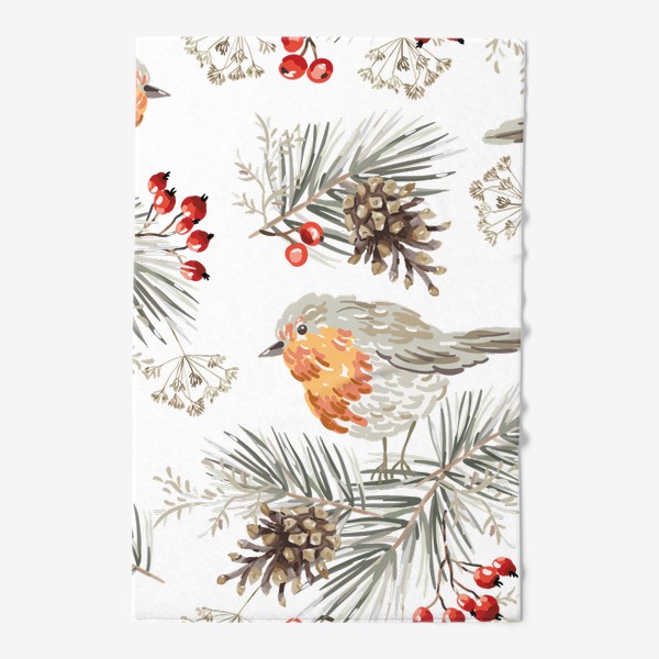 Полотенце «Новогодний лес. Птички зарянки на сосновых ветках. Шишки, красные ягоды. Рождество»