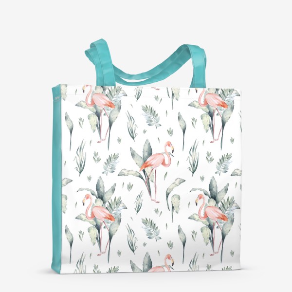 Сумка-шоппер «Тропический фон с экзотическими листьями и животными Африки. Зеленые джунгли, розовый фламинго »