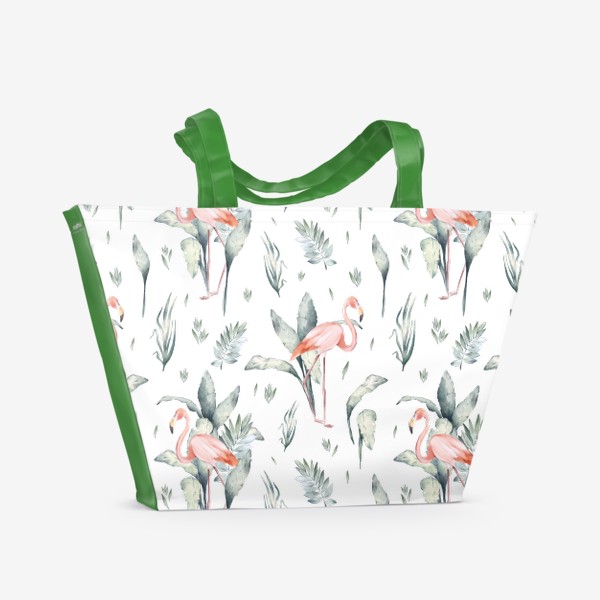 Пляжная сумка «Тропический фон с экзотическими листьями и животными Африки. Зеленые джунгли, розовый фламинго »