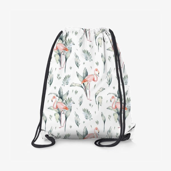 Рюкзак «Тропический фон с экзотическими листьями и животными Африки. Зеленые джунгли, розовый фламинго »