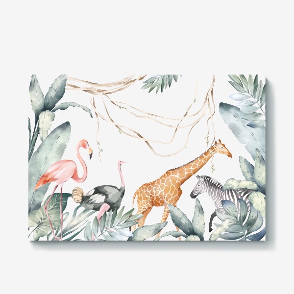 Холст «Тропическая иллюстрация с экзотическими листьями и животными Африки. Зеленые джунгли, розовый фламинго, жираф, зебра»
