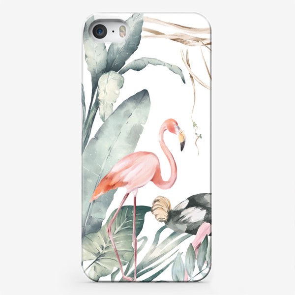 Чехол iPhone «Тропическая иллюстрация с экзотическими листьями и животными Африки. Зеленые джунгли, розовый фламинго, жираф, зебра»