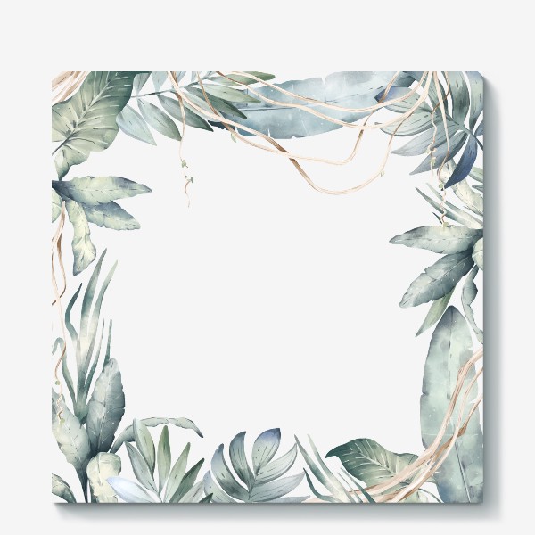 Холст «Тропическая иллюстрация с экзотическими листьями и лианами. Зеленые джунгли»
