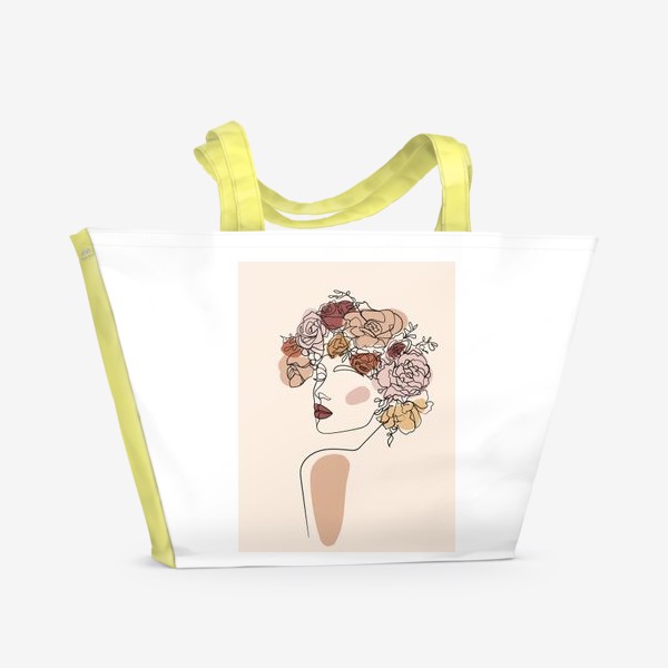 Пляжная сумка &laquo;Лицо девушки одной линией с цветами на голове. Минимализм&raquo;