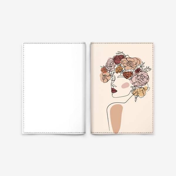 Обложка для паспорта «Лицо девушки одной линией с цветами на голове. Минимализм»