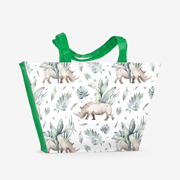 Пляжная сумка «Тропический фон с экзотическими листьями и животными Африки. Зеленые джунгли, носорог»
