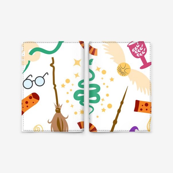 Обложка для паспорта «Змея Слизерина паттерн. Гарри Поттер, Хогвартс. Шляпа, метла, снитч, палочка, череп и др. волшебные предметы»