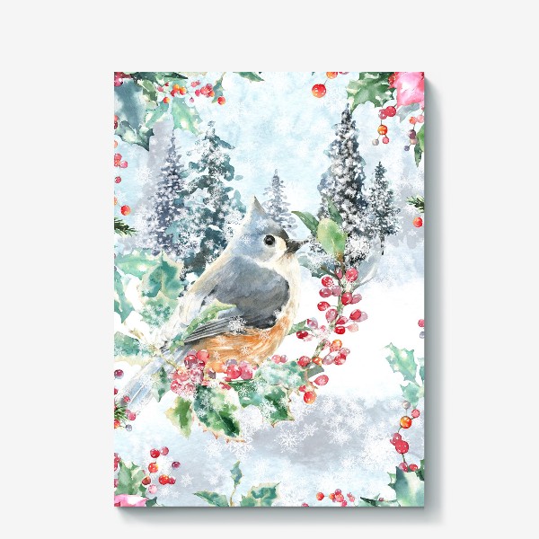 Холст &laquo;Зимний пейзаж с птицей, акварельная зима. винтажный принт&raquo;