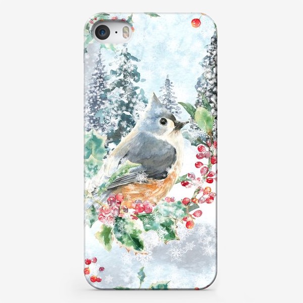 Чехол iPhone «Зимний пейзаж с птицей, акварельная зима. винтажный принт»