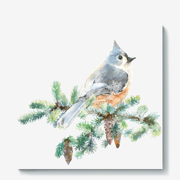 Холст «Птичка на еловой ветке. Акварель, Птица Рождественская, Новый год, в лесу, на ветке. зима.»