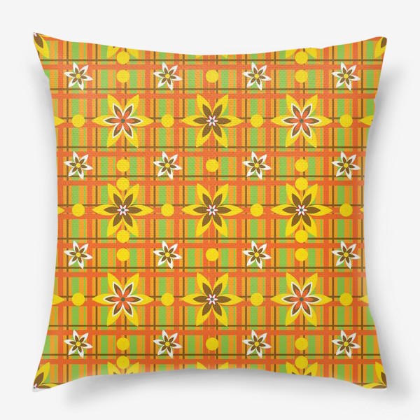 Подушка «Оранжевый геометрический паттерн с цветами»