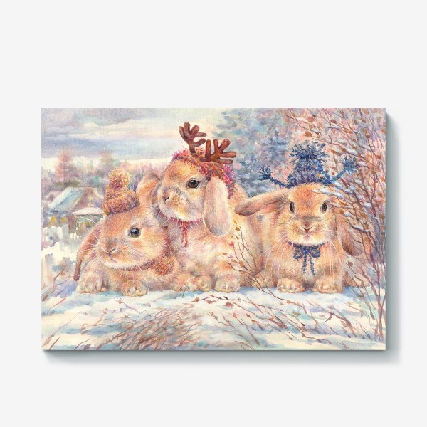 Холст &laquo;Зима ,кролики ,год кота и кролика ,подарок на нг&raquo;