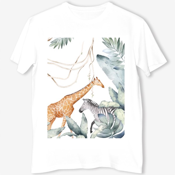 Футболка &laquo;Тропическая иллюстрация с экзотическими листьями и животными Африки. Зеленые джунгли, розовый фламинго, жираф, зебра&raquo;
